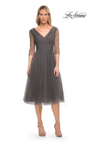 Picture of: Tea Length Tulle Dress with Beading and Sheer Sleeve in Gunmetal, Detail Picture 2