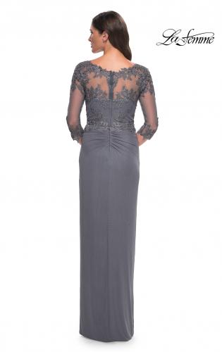 Picture of: Long Jersey Evening Dress with Lace Detail Neckline and Sleeves in Gunmetal, Style: 31093, Detail Picture 2