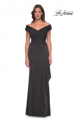 Picture of: Long Luxurious Jersey Off the Shoulder Evening Gown in Gunmetal, Style: 30040, Detail Picture 3