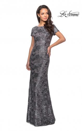 Picture of: Floor Length Short Sleeve Lace Dress in Gunmetal, Style: 27884, Detail Picture 4