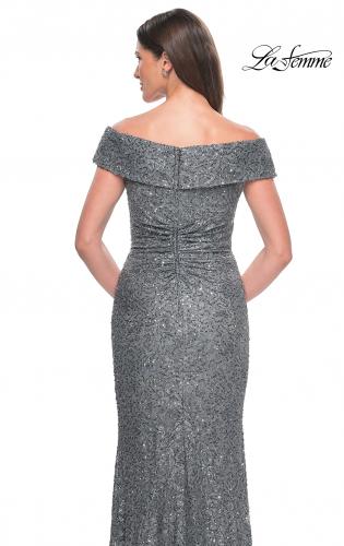 Picture of: Off the Shoulder Beaded Lace Evening Gown in Gunmetal, Style: 31679, Detail Picture 5