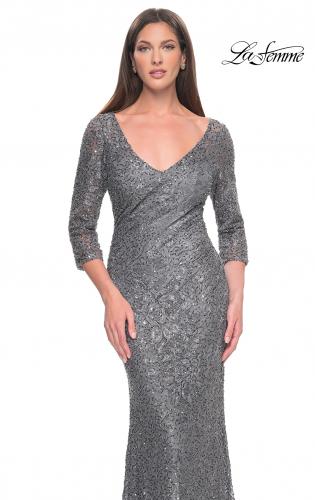 Picture of: Fitted Beaded Lace Evening Gown with Ruching in Gunmetal, Style: 31721, Detail Picture 5