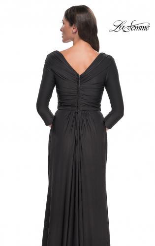 Picture of: Ruched Long Dress with Ruffle Skirt Detail and Sleeves in Gunmetal, Style: 30845, Detail Picture 7