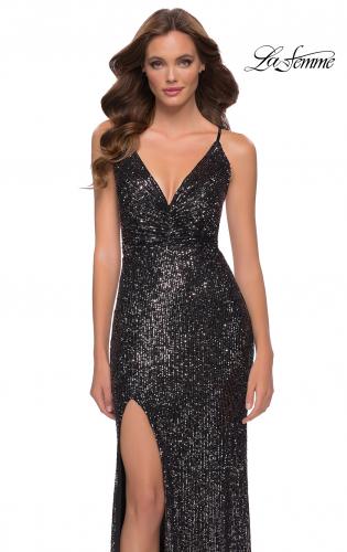 Picture of: Sequin Gown with V Neckline and Strappy Back in Gunmetal, Style 29731, Main Picture