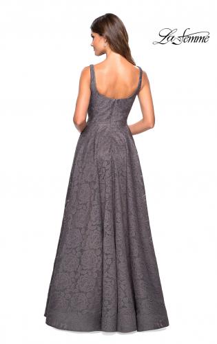 Picture of: Long Lace Prom Dress with Attached Shorts in Gunmetal, Style: 27476, Back Picture