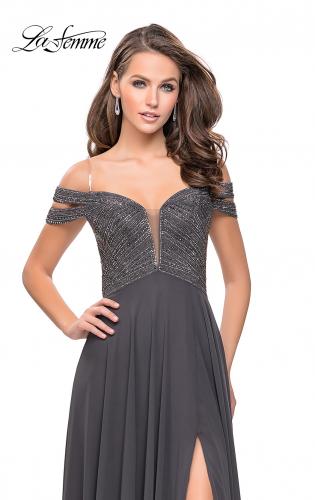 Picture of: A-Line Prom Gown with Beaded Bodice and Chiffon Skirt in Gunmetal, Style: 26059, Detail Picture 1