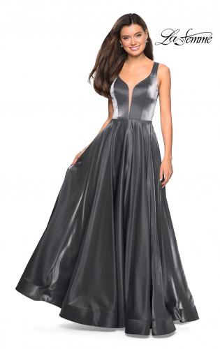 Picture of: Two Tone Satin Long Gown with Plunging Neckline in Gunmetal, Style: 27049, Detail Picture 1