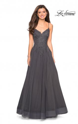 Picture of: Tulle Prom Gown with Floral Lace Embellishments in Gunmetal, Style: 27569, Detail Picture 1