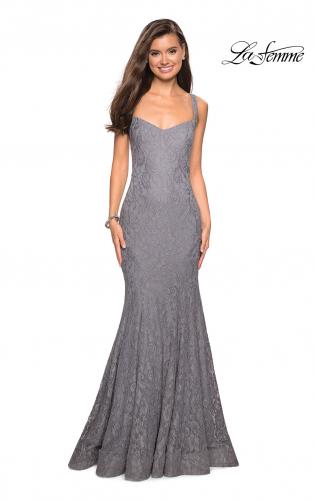 Picture of: Open Back Stretch Lace Long Prom Dress in Gunmetal, Style: 27709, Detail Picture 1