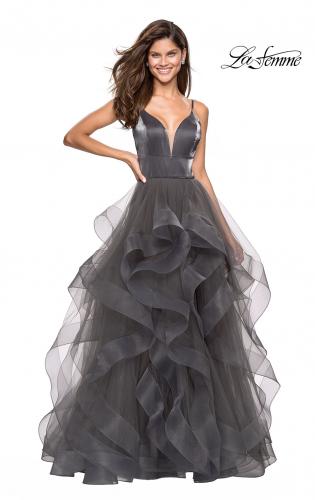 Picture of: Cascading Tulle Gown with Satin Top and V Back in Gunmetal, Style: 27502, Detail Picture 2