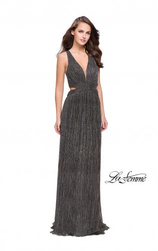 Picture of: Pleated Lame Prom Dress with Cut Outs and a Deep V in Gunmetal, Style: 25643, Detail Picture 3