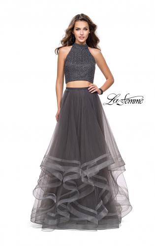 Picture of: Two Piece Prom Gown with Ruffle Tulle Skirt and Beading in Gunmetal, Style: 26077, Detail Picture 3