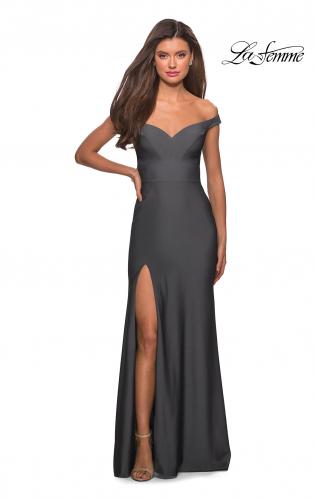 Picture of: Elegant Off the Shoulder Dress with Side Leg Slit in Gunmetal, Style: 27587, Detail Picture 6