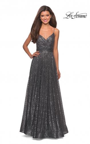 Picture of: sequin Empire Waist Prom Dress with V Back in Gunmetal, Style: 27747, Detail Picture 6
