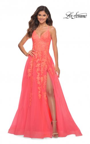 Picture of: Tulle Prom Dress with Lace Detail in Hot Coral in Orange, Style: 30637, Main Picture