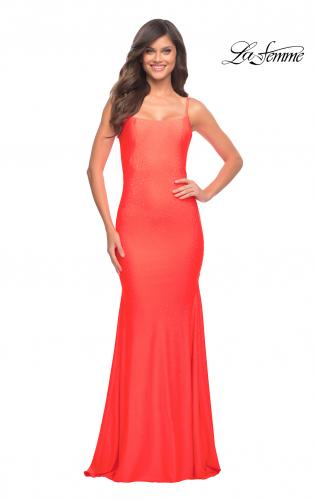 Picture of: Jewel Embellished Long Jersey Gown with Train in Hot Coral, Style: 30563, Detail Picture 8