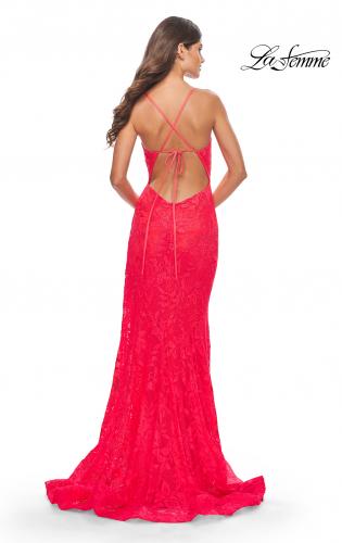 Picture of: Rhinestone Lace Embellished Prom Dress with High Side Slit in Bright Colors in Hot Coral, Style: 31404, Detail Picture 8