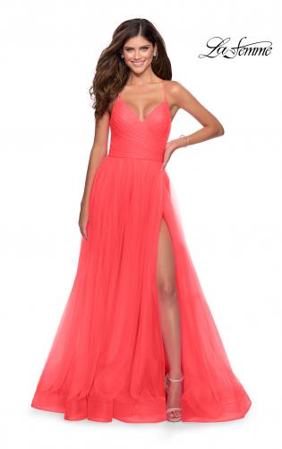 Picture of: Long Tulle A-line Gown with Side Slit and Pockets in Hot Coral, Style: 28561, Style: 28561