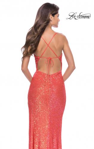 Picture of: Sequin Prom Dress with Ruching and Open Tie Back in Hot Coral, Style: 31349, Detail Picture 9