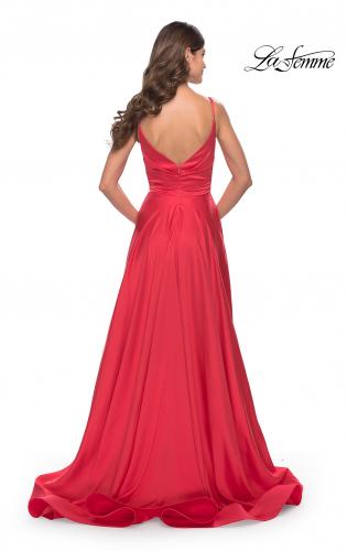 Picture of: A-Line Satin Gown with Ruched Bodice and V Neck in Neon in Hot Coral, Style: 31121, Back Picture