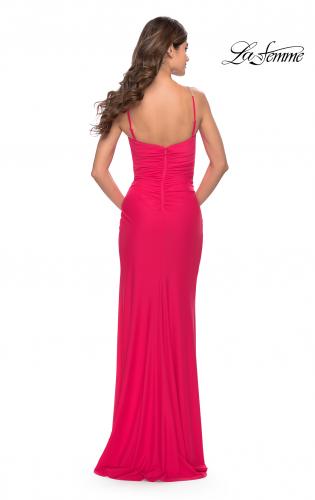 Picture of: Long Ruched Jersey Gown with V Neckline in Neon in Hot Coral, Style: 31224, Back Picture