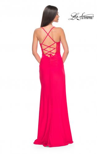 Picture of: Sheer Lace Side Panel Jersey Long Dress in Hot Coral in Hot Coral, Style: 31440, Back Picture