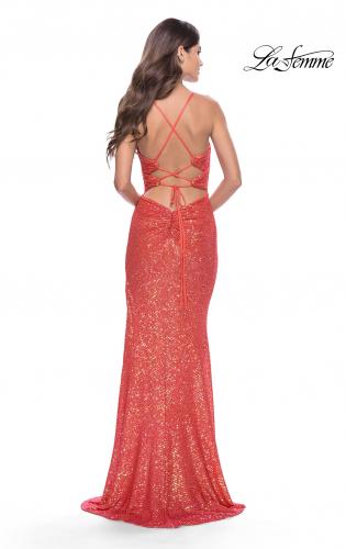 Picture of: Sequin Long Dress with Triangle Cut Out in Hot Coral in Hot Coral, Style: 31449, Back Picture
