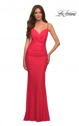 Picture of: Neon Prom Dress with Knot at Waist and Open Back in Orange, Style: 30611, Detail Picture 1