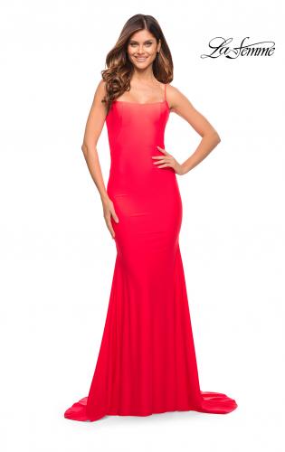 Picture of: Chic Luxe Jersey Gown with Train and V Back in Bright Colors in Hot Coral, Style: 30682, Detail Picture 1