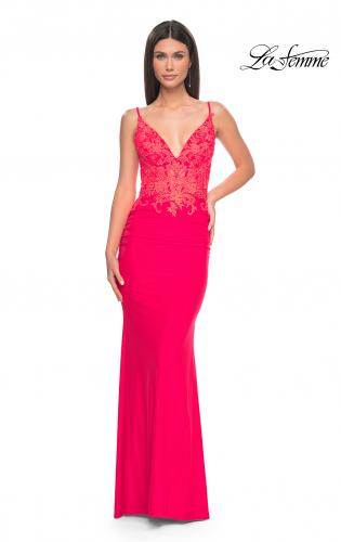 Picture of: Illusion Lace V Neck Top with Jersey Skirt Dress in Bright Colors in Hot Coral, Style: 31128, Detail Picture 1