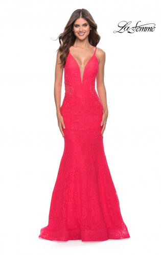 Picture of: Long Mermaid Lace Dress with Back Rhinestone Detail in Hot Coral, Style: 31512, Detail Picture 1