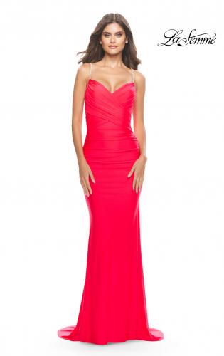 Picture of: Jersey Dress with Criss Cross Bodice and Jeweled Straps in Neon in Hot Coral, Style: 31222, Detail Picture 2