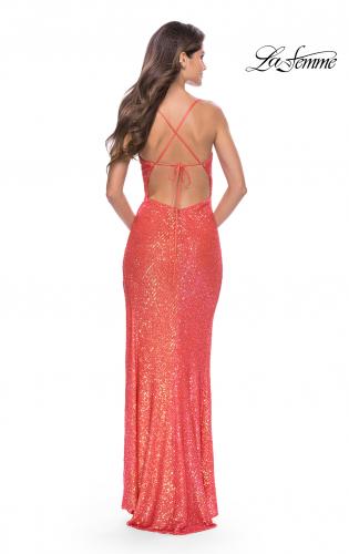 Picture of: Sequin Prom Dress with Ruching and Open Tie Back in Hot Coral, Style: 31349, Detail Picture 3