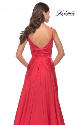 Picture of: A-Line Satin Gown with Ruched Bodice and V Neck in Neon in Hot Coral, Style: 31121, Detail Picture 4