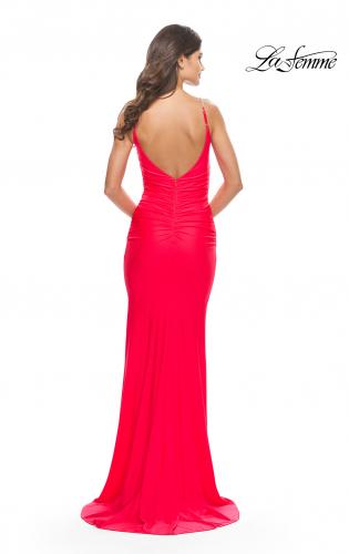 Picture of: Jersey Dress with Criss Cross Bodice and Jeweled Straps in Neon in Hot Coral, Style: 31222, Detail Picture 7