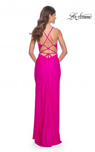 Picture of: Ruched Jersey Dress with Draped Neckline and High Slit in Hot Fuchsia, Style: 32152, Detail Picture 9