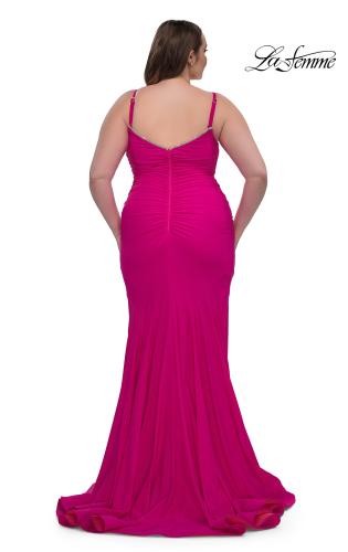 Picture of: Chic Plus Size Dress with Ruching and Rhinestone Neckline Detail in Hot Fuchsia, Style: 33057, Detail Picture 15
