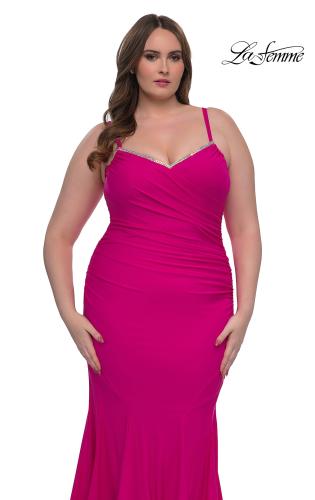 Picture of: Chic Plus Size Dress with Ruching and Rhinestone Neckline Detail in Hot Fuchsia, Style: 33057, Detail Picture 16
