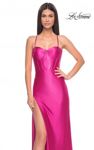 Picture of: Neon Stretch Satin Gown with Bustier Top and Lace Up Back in Hot Fuchsia, Style: 32262, Main Picture