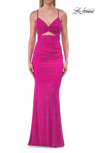 Picture of: Ruched Rhinestone Fitted Gown with Cutout Bodice and Lace-Up Back in Hot Fuchsia, Style: 33338, Detail Picture 9