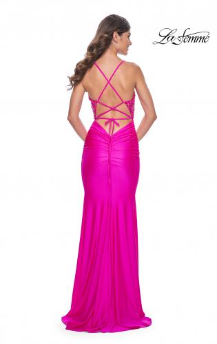 Picture of: Neon Beaded Illusion Top with Ruched Jersey Skirt Prom Dress in Hot Fuchsia, Style: 32324, Back Picture