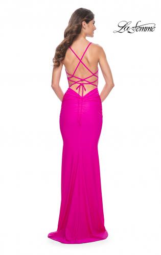 Picture of: Neon Gorgeous Rhinestone Bodice with Ruched Jersey Skirt Prom Dress in Hot Fuchsia, Style: 32325, Back Picture