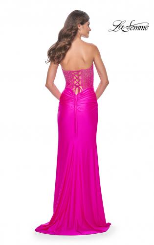 Picture of: Neon Rhinestone Bustier Prom Dress with Ruching in Hot Fuchsia, Style: 32326, Back Picture