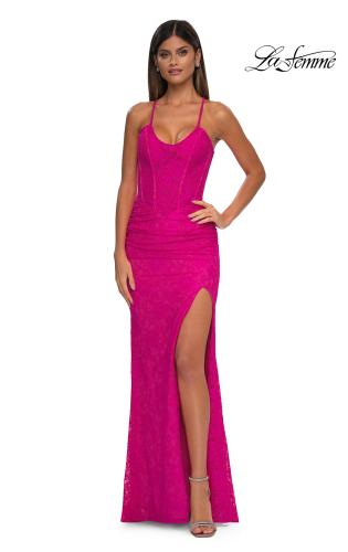 Picture of: Stretch Lace Prom Dress with Scoop Neck and Lace Up Back in Hot Fuchsia, Style: 33036, Detail Picture 5