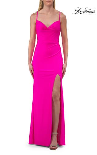 Picture of: Jersey Prom Dress with Cowl Neckline and Open Beaded Back in Hot Fuchsia, Style: 33553, Detail Picture 6