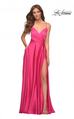 Picture of: Satin Hot Pink Gown with Criss-Cross Ruched Top in Pink, Style: 30616, Main Picture