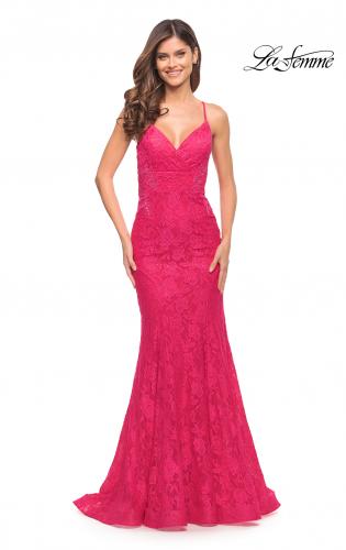 Picture of: Lace Gown with Sheer Lace Applique Side Panels in Hot Pink in Hot Pink, Style: 30690, Main Picture