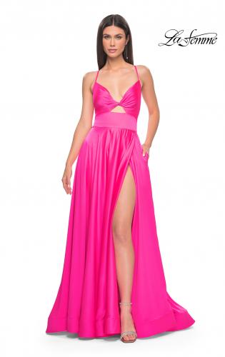 Picture of: Satin A-Line Gown with Cut Out and Twist Bodice in Neon in Hot Pink, Style: 31412, Main Picture