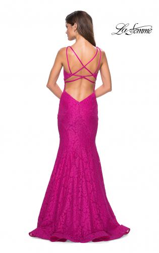 Picture of: Stretch Lace Long Dress with Open Strappy Back in Hot Pink, Style: 27623, Back Picture