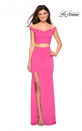 Picture of: Faux Two Piece Long Off the Shoulder Prom Dress in Hot Pink, Style: 27496, Detail Picture 2